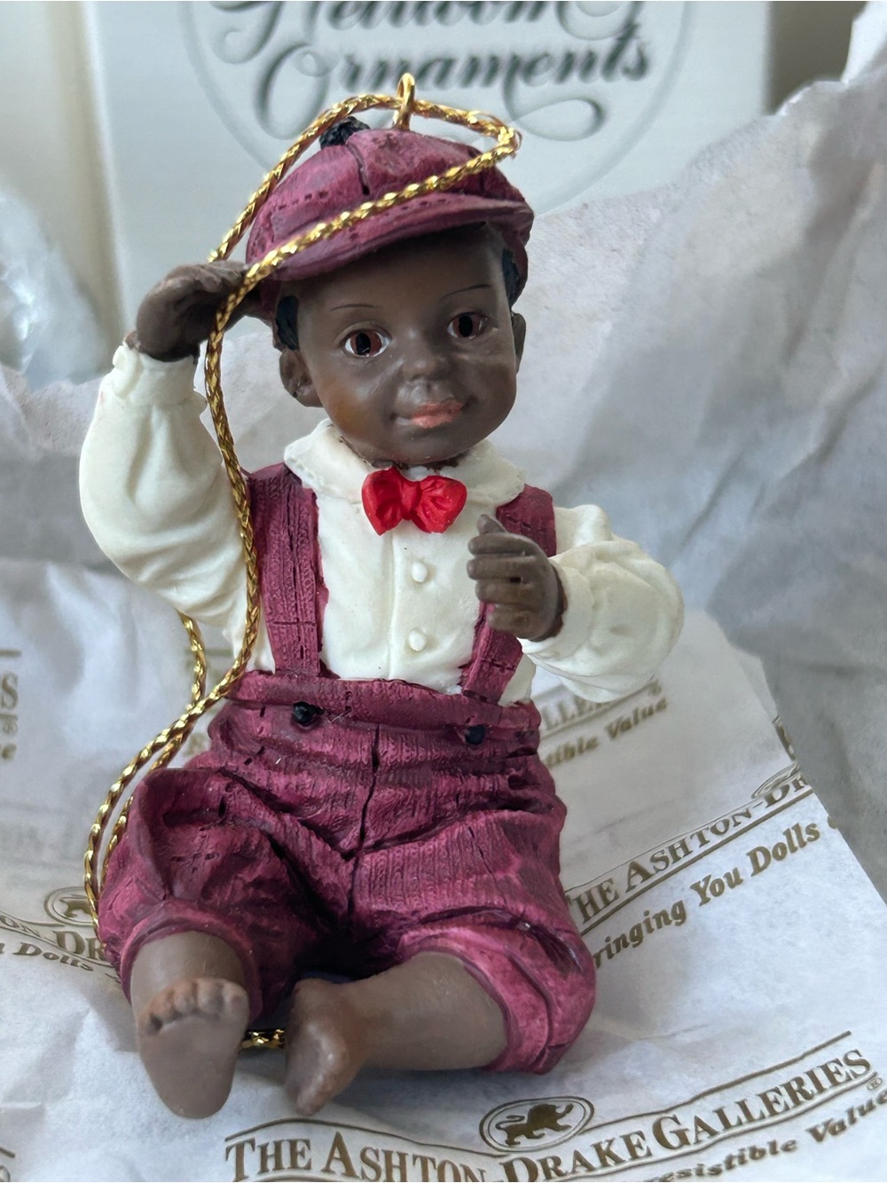 Ashton Drake David Figurine Holiday Ornament in Burgundy and White with Red Bow